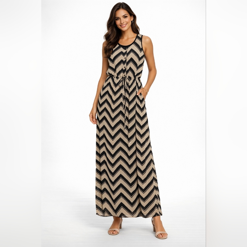 Black Tan Chevron Maxi Dress Size 14 Sleeveless Boho Chic Flowing Fit